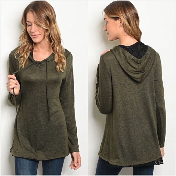 Gorgeous Olive & Lace Tunic Hoodie Top SML - Picture 3 of 7